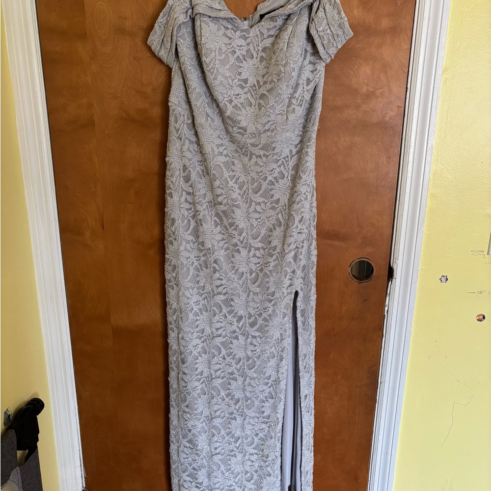 City Triangles Light Gray Lace Off-Shoulder Maxi Dress